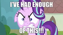 Size: 2190x1232 | Tagged: safe, derpibooru import, edit, editor:axal-5, screencap, starlight glimmer, pony, unicorn, season 8, the parent map, spoiler:s08, angry, angry face, face, female, floppy ears, gritted teeth, henry stickmin collection, house, mare, rage, ragelight glimmer, right hand man, shrunken pupils, sire's hollow, solo, text, text edit, tree, window