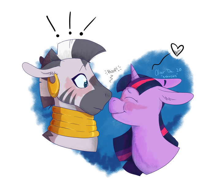 Size: 2000x1657 | Tagged: safe, artist:qalaxydoq, derpibooru import, twilight sparkle, zecora, pony, unicorn, zebra, boop, fanart, female, lesbian, shipping, twicora