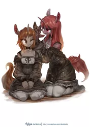 Size: 2480x3508 | Tagged: safe, artist:derekireba, derpibooru import, oc, oc:ora, oc:silver bubbles, unofficial characters only, anthro, unguligrade anthro, unicorn, choker, clavicle, clothes, crossdressing, female, femboy, hands in lap, image, kneeling, maid, male, one eye closed, pantyhose, peaceful, png, skirt, smiling, tying bow