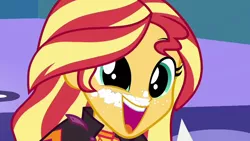 Size: 1280x720 | Tagged: safe, derpibooru import, edit, edited screencap, screencap, sunset shimmer, equestria girls, equestria girls series, wake up!, spoiler:eqg series (season 2), cocaine, cocaine is a hell of a drug, dilated pupils, drug use, drugs, happy, sunset stoner, wake up!: pinkie pie