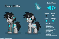 Size: 3150x2100 | Tagged: safe, artist:eddiemk9, derpibooru import, oc, oc:cyan delta, unofficial characters only, pony, unicorn, pony town, :p, blue background, clothes, cute, cutie mark, headphones, hoodie, original character do not steal, reference sheet, simple background, smiling, tongue out