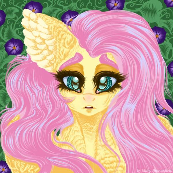 Size: 1321x1322 | Tagged: safe, artist:maryhoovesfield, derpibooru import, fluttershy, pegasus, pony, bust, cute, ear fluff, eyelashes, female, flower, mare, shyabetes, solo, wings