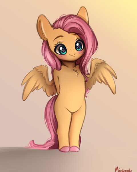 Size: 2430x3040 | Tagged: safe, artist:miokomata, derpibooru import, fluttershy, pony, semi-anthro, blushing, chest fluff, colored hooves, cute, daaaaaaaaaaaw, ear fluff, female, freckles, freckleshy, high res, mare, miokomata is trying to murder us, no nose, shyabetes, solo, spread wings, wings