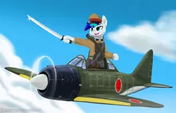 Size: 900x580 | Tagged: safe, artist:zeroonesunray, derpibooru import, oc, oc:thunder blue, pony, imperial japan, japan, katana, mitsubishi a6m zero, plane, solo, sword, weapon