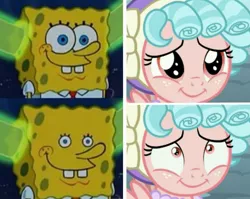 Size: 1211x966 | Tagged: safe, derpibooru import, edit, screencap, cozy glow, frenemies (episode), and stop staring at me with them big old eyes, comparison, cozybetes, cozy glow is best facemaker, cute, spongebob squarepants, your shoe's untied