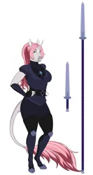 Size: 2046x3857 | Tagged: safe, artist:askbubblelee, derpibooru import, oc, oc:rosie quartz, unofficial characters only, anthro, unguligrade anthro, unicorn, anthro oc, blaze (coat marking), breasts, clothes, curved horn, dagger, digital art, female, horn, image, png, royal guard, simple background, smiling, spear, unicorn oc, weapon, white background