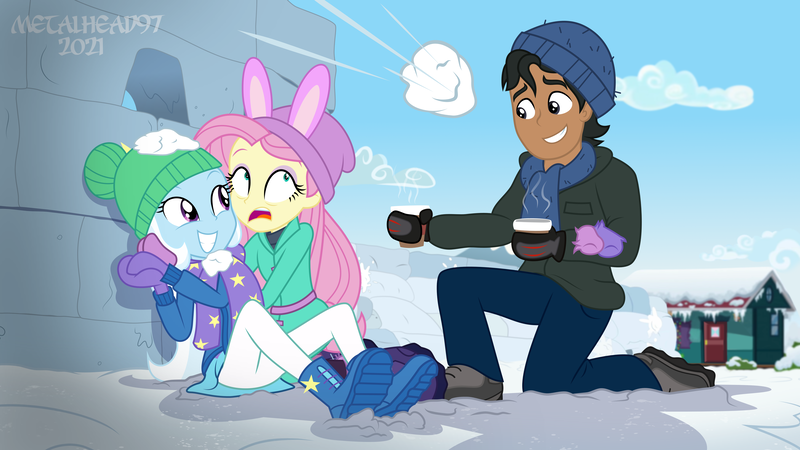 Size: 8000x4500 | Tagged: safe, artist:metalhead97, derpibooru import, fluttershy, trixie, oc, oc:calypso kiosko, equestria girls, equestria girls series, holidays unwrapped, spoiler:eqg series (season 2), boots, chocolate, clothes, coat, commission, cup, cute, diatrixes, food, hat, hot chocolate, kneeling, open mouth, saving pinkie's pie, scared, scarf, shoes, show accurate, smiling, snow, snowball, snowball fight, sweater, this will not end well, warmers