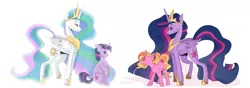 Size: 5705x2000 | Tagged: safe, artist:1rostil0ve, derpibooru import, luster dawn, princess celestia, princess twilight 2.0, twilight sparkle, twilight sparkle (alicorn), alicorn, pony, unicorn, the last problem, absurd resolution, crown, cutie mark, ethereal mane, female, full circle, hoof shoes, jewelry, looking at each other, mare, peytral, regalia, signature, smiling, starry mane, time paradox, unicorn twilight