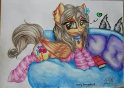 Size: 601x428 | Tagged: safe, artist:maryhoovesfield, derpibooru import, oc, unofficial characters only, pegasus, pony, bedroom eyes, choker, clothes, couch, ear fluff, eyelashes, female, heart, mare, pegasus oc, pillow, socks, solo, striped socks, traditional art, wings