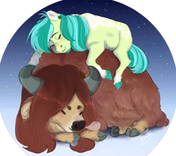 Size: 1505x1335 | Tagged: safe, artist:theartfox2468, derpibooru import, sandbar, yona, earth pony, pony, yak, blushing, cloven hooves, colored hooves, cuddle puddle, cuddling, cute, daaaaaaaaaaaw, eyes closed, facial hair, female, freckles, loose hair, lying down, male, older, older sandbar, older yona, pony pile, prone, sandabetes, shipping, sleeping, straight, yonabar, yonadorable