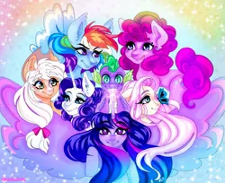 Size: 1008x824 | Tagged: safe, artist:pastelfluffy03, derpibooru import, applejack, fluttershy, pinkie pie, rainbow dash, rarity, spike, twilight sparkle, twilight sparkle (alicorn), alicorn, butterfly, dragon, earth pony, insect, pegasus, pony, unicorn, female, glowing horn, group shot, horn, insect on nose, male, mane seven, mane six, mare, rainbow background, signature, smiling, spread wings, wings
