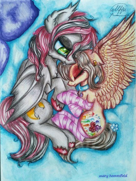 Size: 436x582 | Tagged: safe, artist:maryhoovesfield, derpibooru import, oc, unofficial characters only, bat pony, pegasus, pony, bat pony oc, bat wings, choker, clothes, ear fluff, eyes closed, female, hoof polish, lesbian, mare, pegasus oc, pillow, signature, sleeping, socks, striped socks, traditional art, unshorn fetlocks, wings