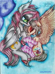 Size: 436x582 | Tagged: safe, artist:maryhoovesfield, derpibooru import, oc, unofficial characters only, bat pony, pegasus, pony, bat pony oc, bat wings, choker, clothes, ear fluff, eyes closed, female, hoof polish, lesbian, mare, pegasus oc, pillow, signature, sleeping, socks, striped socks, traditional art, unshorn fetlocks, wings