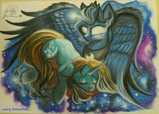 Size: 553x396 | Tagged: safe, artist:maryhoovesfield, derpibooru import, princess luna, oc, alicorn, pony, unicorn, bust, duo, ethereal mane, eyes closed, female, galaxy mane, glowing eyes, glowing horn, horn, mare, peytral, signature, sleeping, traditional art, unicorn oc, wings