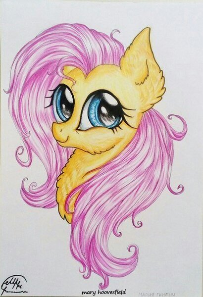 Size: 413x604 | Tagged: safe, artist:maryhoovesfield, derpibooru import, fluttershy, pegasus, pony, bust, cute, ear fluff, eyelashes, female, mare, shyabetes, signature, smiling, solo, traditional art