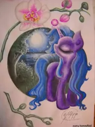 Size: 453x604 | Tagged: safe, artist:maryhoovesfield, derpibooru import, oc, unofficial characters only, pony, unicorn, eyes closed, female, flower, full moon, glowing horn, horn, mare, moon, signature, solo, traditional art, unicorn oc