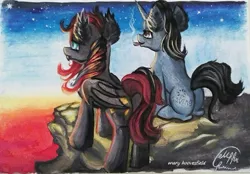 Size: 604x421 | Tagged: safe, artist:maryhoovesfield, derpibooru import, oc, unofficial characters only, bat pony, pony, unicorn, bat pony oc, bat wings, cigarette, cliff, duo, ear fluff, female, horn, mare, outdoors, signature, smoking, stars, sunset, traditional art, unicorn oc, wings