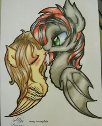 Size: 490x604 | Tagged: safe, artist:maryhoovesfield, derpibooru import, oc, unofficial characters only, bat pony, pegasus, pony, bat pony oc, bat wings, blushing, chest fluff, ear fluff, eyes closed, female, kissing, lesbian, licking, mare, oc x oc, pegasus oc, shipping, signature, smiling, tongue out, traditional art, wings