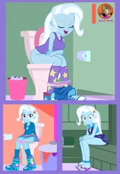 Size: 2500x3621 | Tagged: suggestive, artist:succubi samus, derpibooru import, trixie, equestria girls, bathroom, best human, breasts, but why, butt, clothes, comic, commission, cute, implied pooping, looking at you, panties, panties around legs, panties pulled down, relief, sandals, show accurate, signature, striped underwear, surprised, swimsuit, tanktop, toilet, underwear