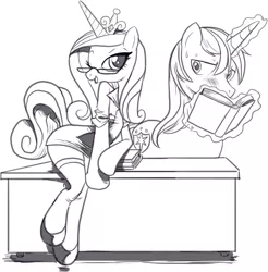 Size: 875x888 | Tagged: safe, artist:nauyaco, derpibooru import, princess cadance, shining armor, anthro, pony, semi-anthro, unguligrade anthro, unicorn, blushing, book, clothes, crown, desk, eyelashes, flirting, glasses, jewelry, leaning, levitation, magic, miniskirt, monochrome, regalia, shoes, sitting, skirt, socks, stockings, sweat, table, teasing, telekinesis, thigh highs