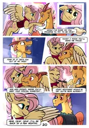 Size: 1024x1463 | Tagged: safe, artist:loryska, derpibooru import, fluttershy, oc, oc:larkspur, draconequus, hybrid, pony, comic:friendship grows, clothes, cloven hooves, colored hooves, ear fluff, embarrassed, female, hug, interspecies offspring, jacket, laughing, male, mother and child, mother and son, mothers gonna mother, offspring, parent:discord, parent:fluttershy, parents:discoshy, teasing, two toned wings, winghug, wings
