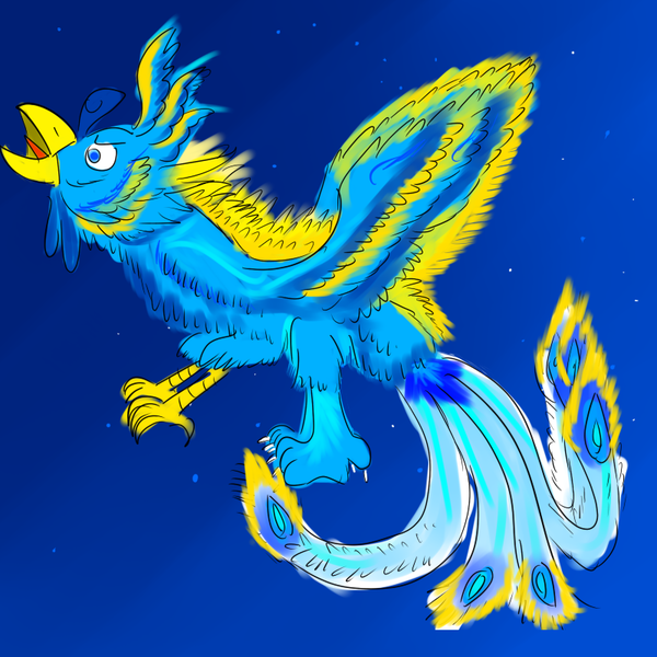 Size: 800x800 | Tagged: safe, artist:horsesplease, derpibooru import, gallus, gryphon, phoenix, chinese mythology, chinese text, crowing, fenghuang, flying, majestic as fuck, moon runes, mythology, solo