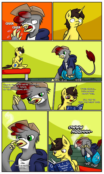 Size: 1280x2151 | Tagged: safe, artist:khaki-cap, derpibooru import, oc, oc:khaki-cap, oc:tommy, oc:tommy the human, alicorn, gryphon, pony, comic:magical mishaps, alicorn oc, annoyed, bed, book, cap, clothes, colt, comic page, commissioner:bigonionbean, cutie mark, hat, hoodie, horn, jean thicc, jeans, male, pants, text, transformation, wings