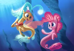 Size: 2600x1800 | Tagged: safe, artist:auroriia, artist:rocket-lawnchair, derpibooru import, pinkie pie, princess skystar, earth pony, jellyfish, pony, seapony (g4), my little pony: the movie, bioluminescent, blue eyes, bubble, clothes, collaboration, crepuscular rays, female, fin wings, fins, fish tail, flower, flower in hair, flowing mane, flowing tail, jewelry, necklace, ocean, open mouth, pearl necklace, seaponified, seapony pinkie pie, see-through, smiling, species swap, sunlight, tail, teeth, underwater, water, wings