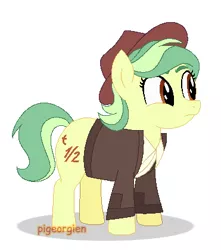 Size: 371x419 | Tagged: safe, artist:pigeorgien, artist:selenaede, derpibooru import, oc, oc:half-life, unofficial characters only, earth pony, pony, apple family member, base used, chunky, clothes, cute, eyebrows, female, halfabetes, hat, jacket, mare, shirt, solo, young