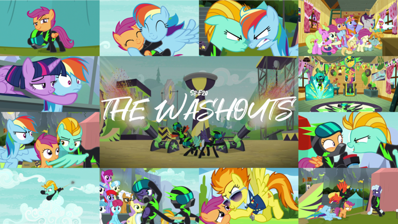 Size: 1978x1114 | Tagged: safe, derpibooru import, edit, edited screencap, editor:quoterific, screencap, alula, bon bon, bow hothoof, daisy, flower wishes, lightning dust, noi, rainbow dash, rolling thunder, scootaloo, short fuse, snails, snips, spitfire, sweetie drops, twilight sparkle, twilight sparkle (alicorn), windy whistles, written script, alicorn, earth pony, pegasus, pony, the washouts (episode), clothes, eyes closed, male, open mouth, the washouts, uniform, washouts uniform