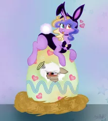 Size: 934x1052 | Tagged: suggestive, artist:synthsparkle, derpibooru import, oc, oc:hainashford, oc:wendysparkle, earth pony, rabbit, unicorn, animal, bunny suit, clothes, cosplay, costume, easter, egg, floating heart, heart, holiday, interspecies offspring, offspring, parent:albert wesker, parent:nightmare moon, tongue out