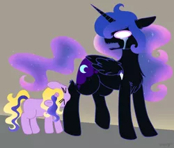 Size: 1882x1601 | Tagged: safe, derpibooru import, nightmare moon, oc, oc:wendysparkle, alicorn, pony, unicorn, baby, baby pony, biting, crying, cute, daughter, eyes closed, female, interspecies offspring, mommy, mother and child, mother and daughter, offspring, parent:albert wesker, parent:nightmare moon, tears of pain