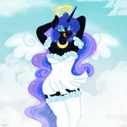 Size: 1000x1000 | Tagged: alicorn, angel, anthro, artist:synthsparkle, :b, breasts, clothes, cosplay, costume, derpibooru import, garter straps, nightmare moon, sexy, suggestive