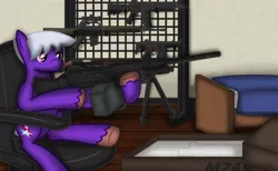 Size: 1622x999 | Tagged: safe, artist:99999999000, derpibooru import, oc, oc:firearm king, unofficial characters only, earth pony, pony, ar15, bed, bedroom, gun, hoof hold, m249, male, mp5, rifle, weapon