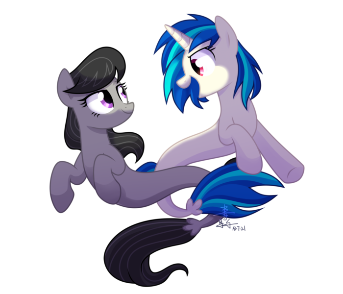 Size: 1400x1200 | Tagged: safe, artist:yaaaco, derpibooru import, octavia melody, vinyl scratch, earth pony, pony, seapony (g4), unicorn, my little pony: the movie, dorsal fin, female, fish tail, flowing mane, flowing tail, horn, looking at each other, open mouth, purple eyes, red eyes, seaponified, seapony octavia, seapony vinyl scratch, signature, simple background, smiling, species swap, tail, transparent background, vector