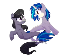 Size: 1400x1200 | Tagged: safe, artist:yaaaco, derpibooru import, octavia melody, vinyl scratch, earth pony, pony, seapony (g4), unicorn, my little pony: the movie, dorsal fin, female, fish tail, flowing mane, flowing tail, horn, looking at each other, open mouth, purple eyes, red eyes, seaponified, seapony octavia, seapony vinyl scratch, signature, simple background, smiling, species swap, tail, transparent background, vector