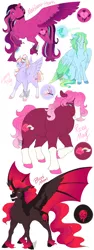 Size: 1200x3200 | Tagged: safe, artist:arexstar, derpibooru import, oc, oc:blood moon, oc:lightning bug, oc:maleficent hearts, oc:minnow, oc:rosey may, unofficial characters only, alicorn, bat pony, bat pony alicorn, earth pony, pegasus, pony, bat wings, female, horn, magical lesbian spawn, mare, offspring, parent:cheerilee, parent:king sombra, parent:lightning dust, parent:lightningtrail, parent:nightmare moon, parent:princess cadance, parent:star tracker, parent:tempest shadow, parent:trouble shoes, parent:vapor trail, parent:wind sprint, parents:tempestdance, simple background, white background, wings