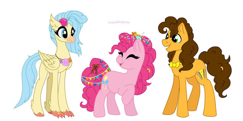 Size: 1024x512 | Tagged: safe, artist:incendiaryboobs, derpibooru import, cheese sandwich, pinkie pie, princess skystar, earth pony, hippogriff, my little pony: the movie, cheesepie, female, lesbian, male, next generation, nextgen:mothverse, ot3, polyamory, shipping, skypie, skypiecheese, straight