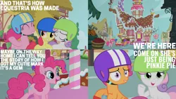 Size: 2000x1125 | Tagged: safe, derpibooru import, edit, edited screencap, editor:quoterific, screencap, apple bloom, pinkie pie, scootaloo, sweetie belle, earth pony, pegasus, pony, unicorn, the cutie mark chronicles, and that's how equestria was made, bipedal, cutie mark crusaders, eyes closed, female, filly, helmet, lip bite, open mouth, pinkie being pinkie, scooter