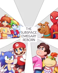 Size: 1500x1900 | Tagged: safe, artist:domestic-hedgehog, derpibooru import, rainbow dash, human, equestria girls, barely eqg related, bowser jr, clothes, crossed arms, crossover, crown, ear piercing, earring, jewelry, mario, mario & sonic, mario and sonic, nintendo, pegasus wings, piercing, ponied up, princess daisy, regalia, scooby doo, sega, sonic the hedgehog, sonic the hedgehog (series), spider-man, sports outfit, steven universe, super mario bros., super ponied up, wings