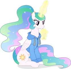 Size: 5207x5013 | Tagged: safe, artist:pumpkinpieforlife, derpibooru import, princess celestia, alicorn, pony, absurd resolution, alternate hairstyle, clothes, ethereal mane, ethereal tail, female, glowing horn, hoodie, horn, magic, mare, milkshake, ponytail, simple background, solo, transparent background