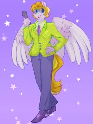 Size: 1200x1599 | Tagged: safe, artist:pigeorgien, derpibooru import, oc, oc:star trails, unofficial characters only, anthro, pegasus, adorable face, adorkable, anthro oc, beautiful, clothes, colored wings, cute, dork, female, glasses, hand on hip, image, microphone, multicolored wings, necktie, pants, png, shirt, shoes, solo, starry background, suit, winged anthro, wings