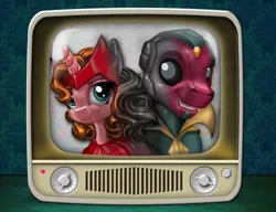 Size: 1800x1381 | Tagged: safe, artist:harwick, derpibooru import, ponified, android, pony, robot, unicorn, female, male, mare, marvel, stallion, television, vision, wanda maximoff, wandavision