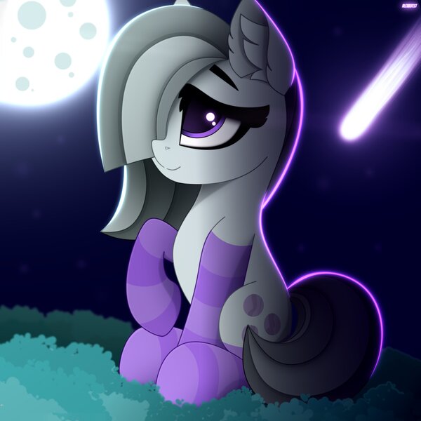 Size: 3000x3000 | Tagged: safe, artist:alexbefest, derpibooru import, marble pie, earth pony, pony, clothes, cute, ear fluff, female, marblebetes, mare, moon, night, raised hoof, sitting, smiling, socks, solo, striped socks