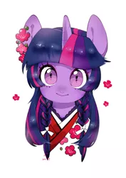 Size: 2480x3508 | Tagged: safe, artist:potetecyu_to, derpibooru import, twilight sparkle, pony, alternate hairstyle, braid, braided pigtails, bust, closed mouth, clothes, cute, female, flower, high res, looking at you, mare, portrait, simple background, solo, twiabetes, white background