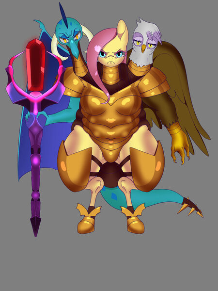 Size: 1600x2134 | Tagged: safe, artist:zettaidullahan, derpibooru import, fluttershy, gilda, princess ember, anthro, dragon, gryphon, pegasus, pony, armor, bloodstone scepter, dragoness, female, fusion, looking at you, multiple heads, three heads