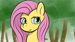Size: 1920x1080 | Tagged: safe, artist:rossponeart, derpibooru import, fluttershy, pegasus, pony, bust, female, forest, head, looking at you, mare, portrait, solo, three quarter view, tree, wallpaper