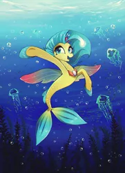 Size: 870x1200 | Tagged: safe, artist:skyeypony, derpibooru import, princess skystar, jellyfish, seapony (g4), my little pony: the movie, bioluminescent, blue eyes, bubble, clothes, crepuscular rays, cute, eyelashes, female, fins, fin wings, fish tail, flower, flower in hair, flowing mane, freckles, jewelry, necklace, open mouth, pearl necklace, seaweed, see-through, signature, skyabetes, smiling, solo, sunlight, tail, underwater, water, wings