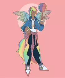 Size: 1080x1285 | Tagged: artist:staramuletart, basketball, bracelet, clothes, converse, dark skin, derpibooru import, female, human, humanized, jacket, jewelry, pants, pink background, rainbow dash, safe, shoes, simple background, solo, sports, winged humanization, wings