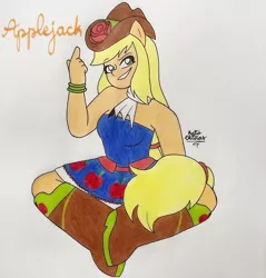 Size: 1080x1128 | Tagged: safe, artist:a_l1ttl3_b0y, derpibooru import, applejack, equestria girls, boots, clothes, crossed legs, female, grin, ponied up, shoes, signature, skirt, smiling, solo, traditional art